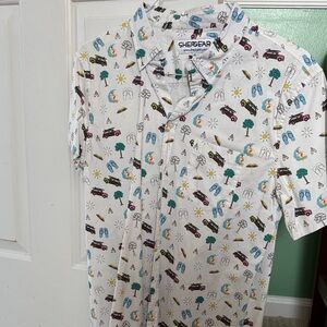 White Short-Sleeve Casual Button-Down Shirt - Beach Print